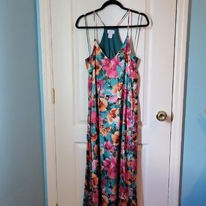 Nicole Miller NY Floral Teal Shaghetti Strap Maxi Dress M